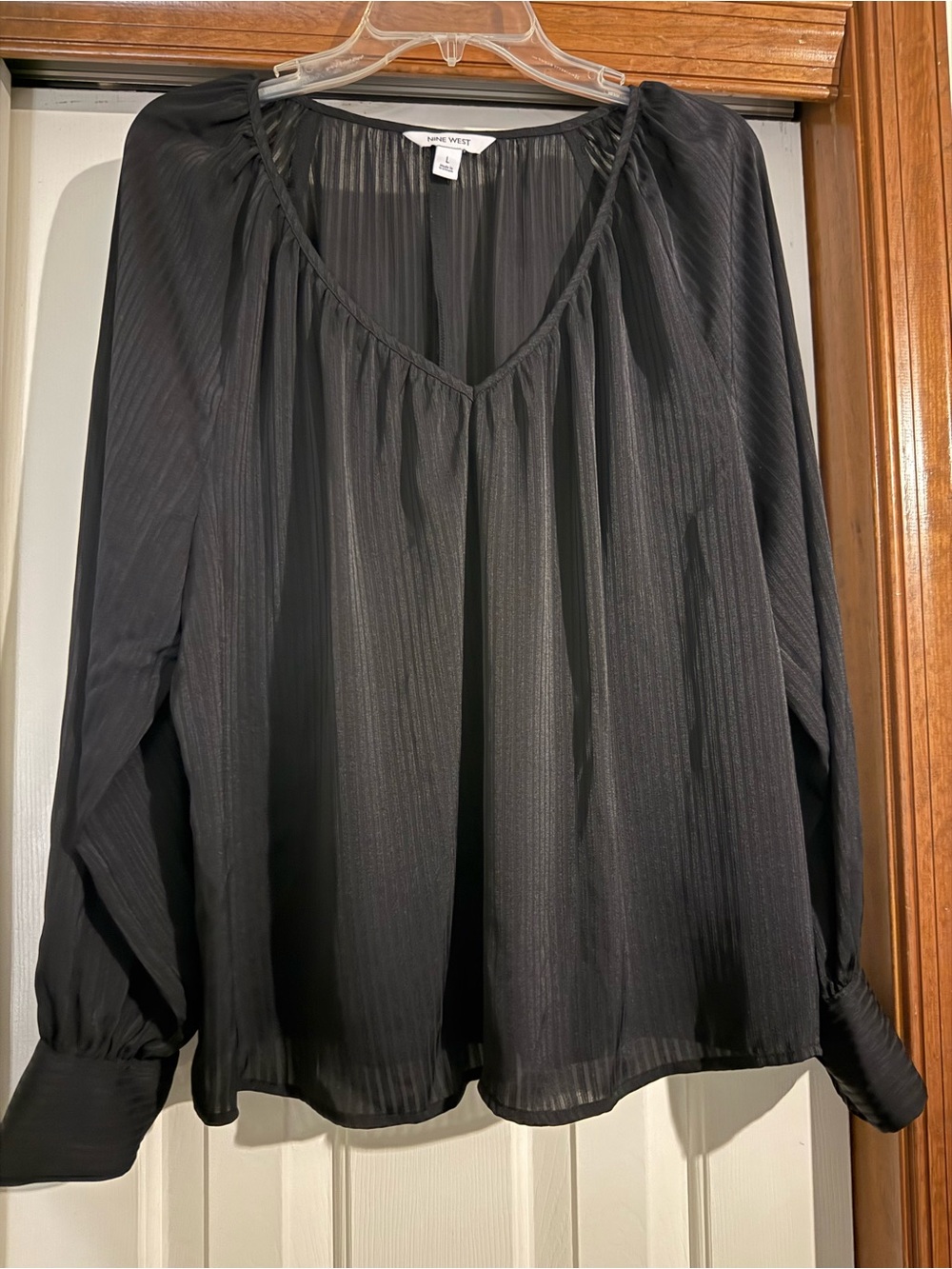 Nine West Black Sheer V-Neck Long Sleeve Blouse with Subtle Stripes
